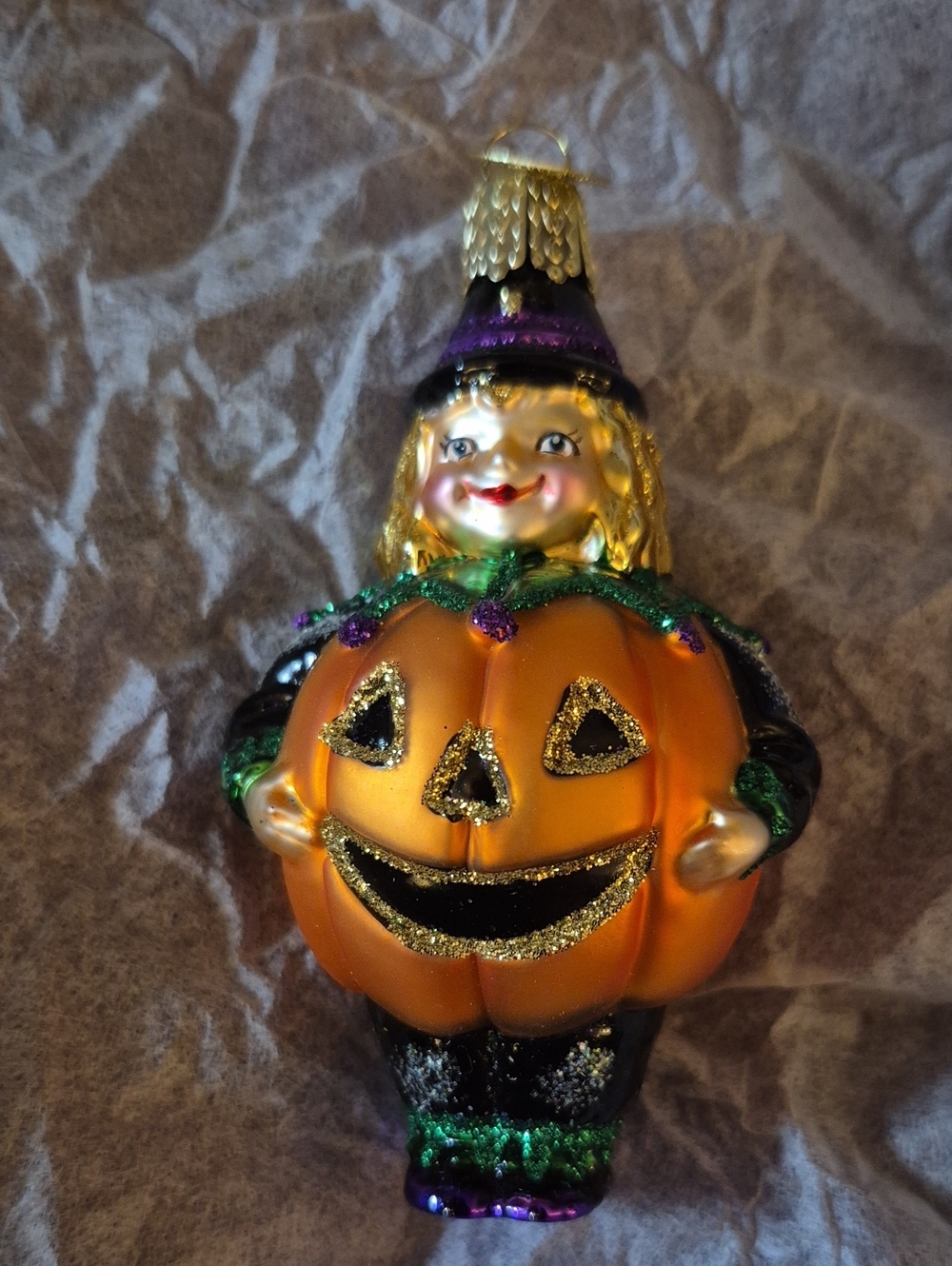 Glass Halloween Pumpkin Witch Ornament - Orange, Black, Purple, Gold